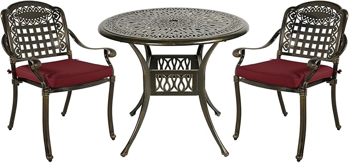 MEETWARM 3 Piece Patio Bistro Set, Outdoor All-Weather Cast Aluminum Dining Furniture Set Includes 2 Chairs with Cushions and a 35.4” Round Table with Umbrella Hole for Garden Deck, Chili Red