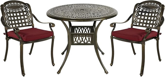 MEETWARM 3 Piece Patio Bistro Set, Outdoor All-Weather Cast Aluminum Dining Furniture Set Includes 2 Chairs with Cushions and a 35.4” Round Table with Umbrella Hole for Garden Deck, Chili Red