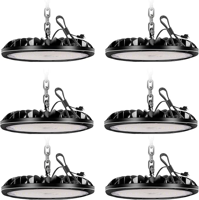 6 Pack LED High Bay Light 100W, 10000LM LED Shop Light with 4ft 110V Plug Cable, 6500K Bay Lighting IP65 Waterproof for Barn/Garage/Commercial Warehouse/Wet Location