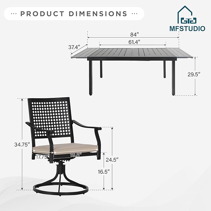 MFSTUDIO Patio Dining Set for 8, Outdoor Dining Set with Swivel Chairs, 9 Piece Metal Outdoor Patio Furniture Set for Deck Backyard Poolside Garden