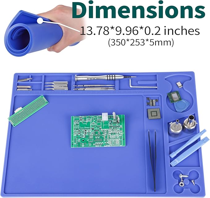 YIHUA M160 Heat-resistant Soldering Mat with Multiple Storage Slots, Built-in Ruler, Bendable Soft Silicone Soldering Mat, Dimensions 13.78 * 9.96 * 0.2 inches (350 * 253 * 5mm)