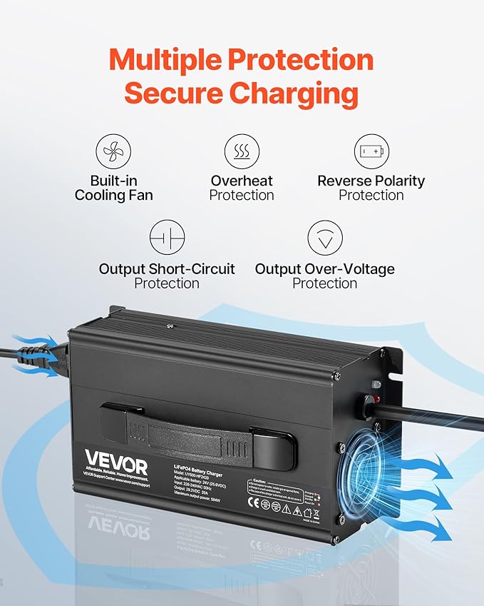 VEVOR 24V 20A Lithium Battery Charger, 29.2V, AC-DC LiFePO4 Smart Charger, with Anderson Connector, LED Indicator, 0V Activation, for Lithium LiFePO4 Deep Cycle Rechargeable Batteries of Boat, RV
