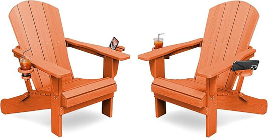 KINGYES Folding Adirondack Chair Set of 2, Dual Cup Holders & All-Weather HDPE, Wood-Like Patio Chair for Backyard, Camping, Pool & Fire Pit, Orange