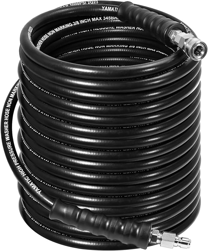 YAMATIC 5000PSI 3/8" Pressure Washer Hose 125FT with Stainless Steel Quick Connector, Rubber Power Washer Replacement Hose, Steel Wire Braided, Compatible with Simpson, Craftsman, Champion