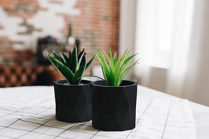 Olly & Rose Designer Geometric Ceramic Black Plant Pot Succulent Pots Cactus Planters Set 2 Indoor Outdoor Small Flower Pot Set Charcoal