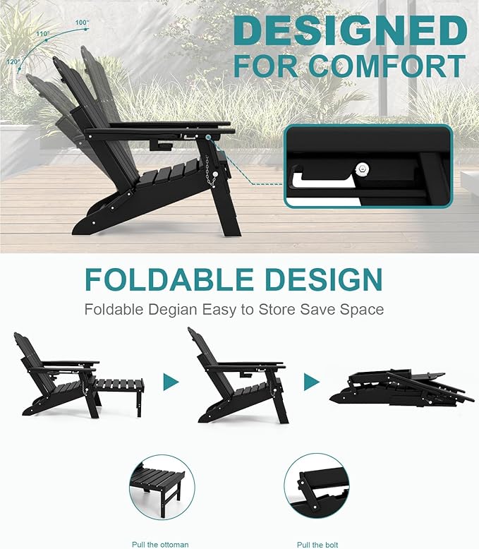 FOOWIN Adjustable Adirondack Chair with Retractable Ottoman Set of 2, Folding Adirondack Chair with Cup Holder, HDPE All-Weather Fire Pit Chair for Patio, Yard, Poolside, Black