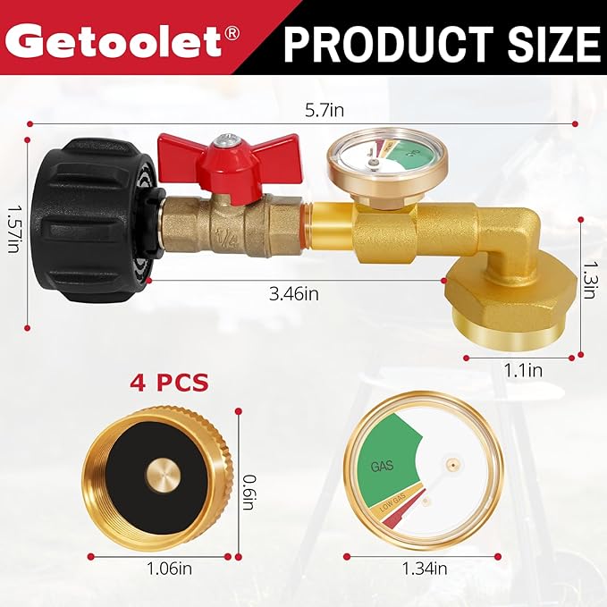 Propane Refill Adapter for 1 lb. Tanks, Propane Refill Elbow Adapter with Valve and Gauge, Propane Adapter 20lb to 1lb Converter with 4 Caps for 1 Pound Propane Bottles