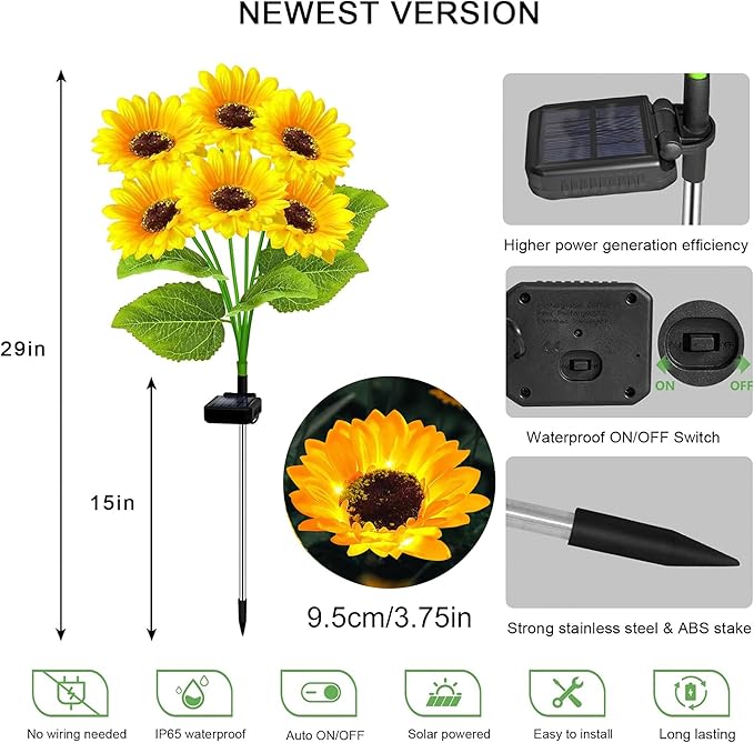 4 Pack with 24 Solar Sunflower Lights Outdoor Decorative Lights for Garden Gift for Mom and Friends, IP65 Waterproof Sunflower Garden Stake Lights for Yard Patio Lawn Pathway