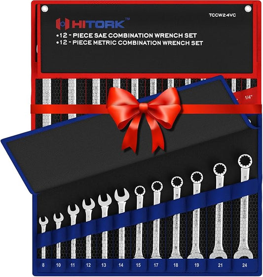Hitork 24-Piece Combination Wrench Set, SAE (1/4"–1") & Metric (8–24mm), Cr-V Steel, Mirror Chrome Finish, 12-Point Box End, 15° Offset, with Roll Pouch – Ideal for Home, Garage & Auto Repair