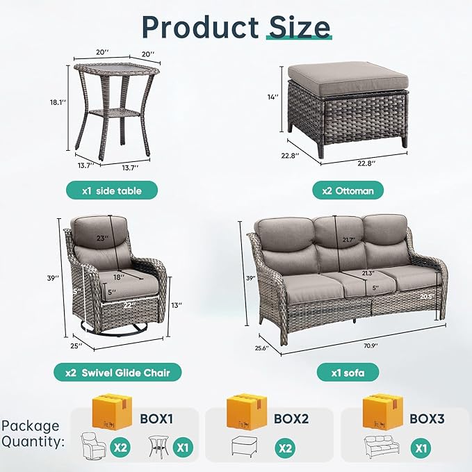 Outdoor Swivel Rocker Patio Chairs Set of 6-5" Thick Cushion 6 Piece Furniture Set with Fire Pit Table All Weather Wicker Conversation Set for Porch Deck - Gery Wicker | Gery Cushions