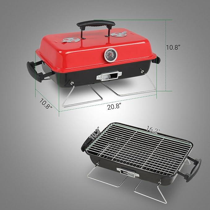 VINGLI 20'' Portable Charcoal Grill with Thermometer & Handle, Metal Compact Tabletop BBQ Grill, Outdoor Cooking Barbecue for Camping Travel Picnic Patio