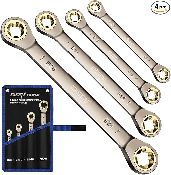 DISEN 2025 Upgraded 4-Piece E-Torx Double Box Ratcheting Wrench Set, 72-Tooth Black Nickel Plated, Dual Head E6E8/E10E12/E14E18/E20E24 with Storage Pouch