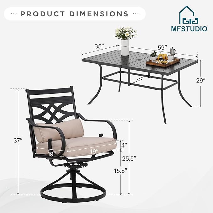 MFSTUDIO Outdoor Dining Set for 6, Patio Table and Chairs Set with Umbrella Hole, Patio Dining Set with Swivel Chairs, 7 Piece Patio Furniture Set for Deck Backyard Garden