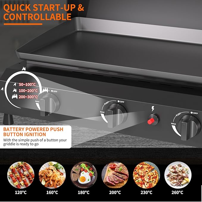 SKOK 4 Burners Outdoor Gas Griddle with Hood, Portable Flat Top Gas Grill-Table Top Propane Griddle Station with Side Shelves