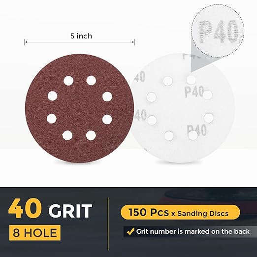 HARFINGTON 150 Pcs 5 Inch Sanding Discs, 40 Grit Hook and Loop Sandpaper, 8-Hole Aluminum Oxide Round Sanding Paper for Woodworking Automotive Metal Polishing, Red