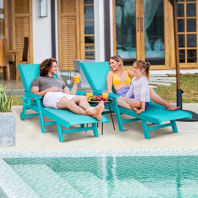 Outdoor Chaise Lounge Chair Set of 2, 5-Position Adjustable Patio Lounge Chair with Wheels & Cup Holder, HDPE Pool Lounge Chair with Textilene Surface for Outside, Poolside & Beach (Aruba, 2)