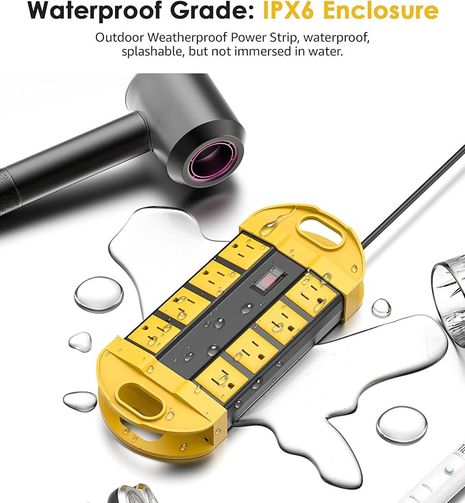 CCCEI GFCI Outdoor Power Strip Weatherproof with 8 AC, Waterproof Extension Cord with Multiple Outlets, Wall Mount Surge Protector Flat Plug, Christmas Exterior Garden, Yard, 25FT, Yellow.