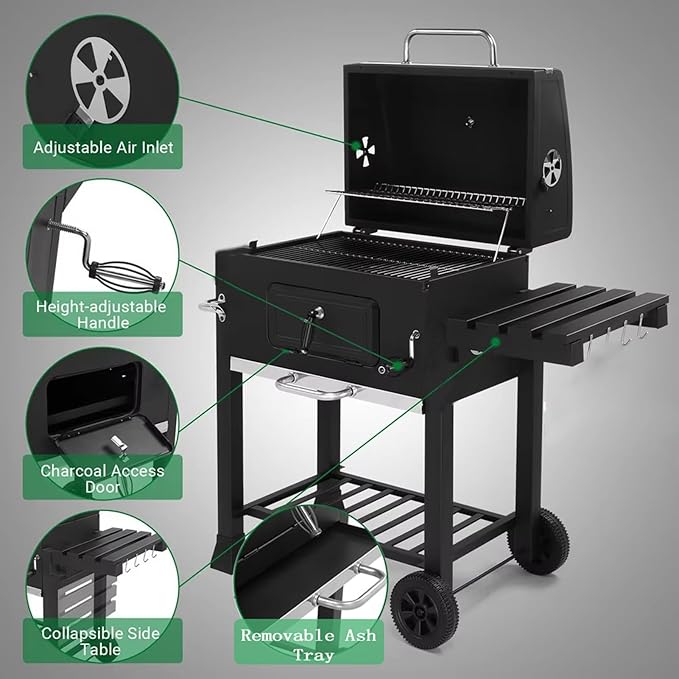 Charcoal BBQ Grills, Outdoor Barbecue Grill with Adjustable Charcoal Tray & Foldable Side Table for Outdoor Patio, Garden and Backyard Grilling