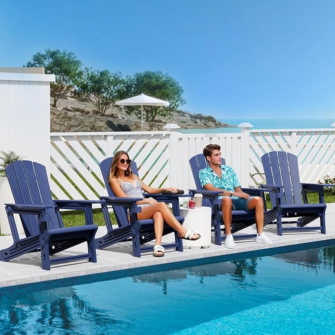 FONTOI Adirondack Chair，Plastic Outdoor Chairs Without Screws Install，Patio Adirondack with Cup Holder，400 LBS Capacity Recliner Chair Garden Chair for Backyard Lawn Beach Navy Blue