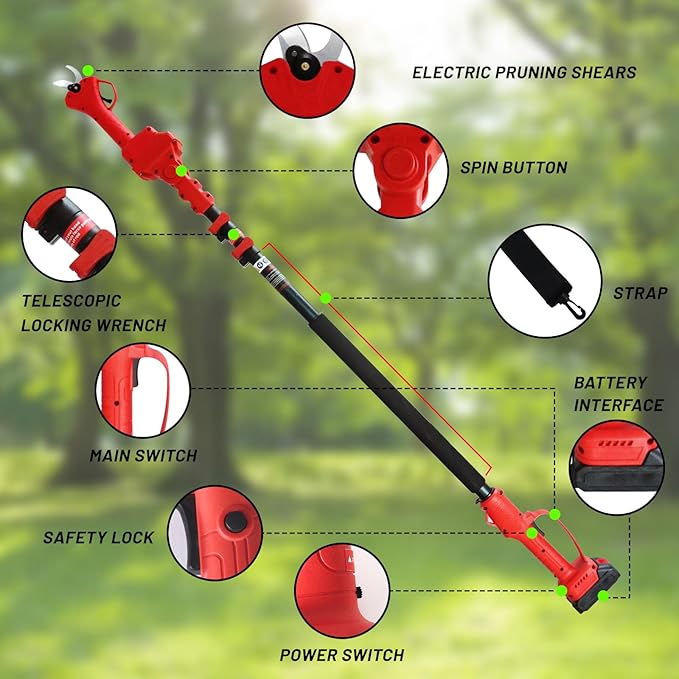 Brushless Electric Pruning Shears Cordless, Pole Pruners for Tree Trimming, Electric Tree pruner Cutter with 2*21V 4000mAH Batteries,15FT Telescoping Rod,1.2 Inch Cutting Diameter, with Replace Blade