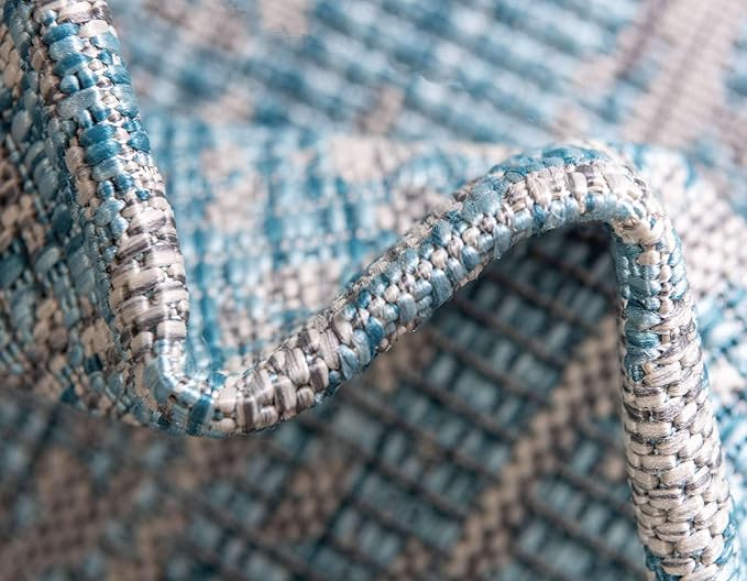 Unique Loom Outdoor Traditional Collection Area Rug - Timeworn (4' 1" Round, Light Aqua/ Gray)