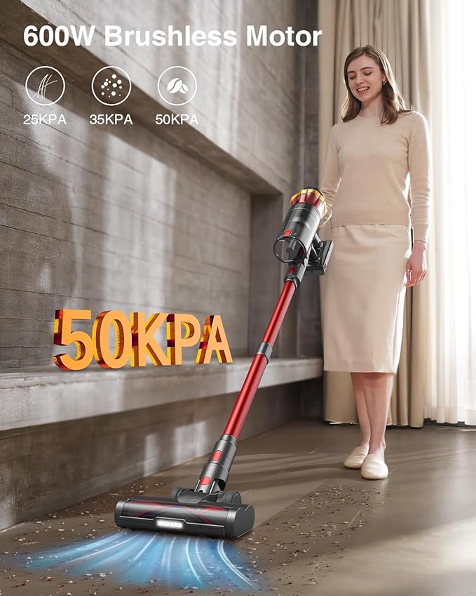 Cordless Vacuum Cleaner, 600W 50KPa 70Mins Vacuum Cleaners for Home, Self-Standing Stick Vacuum with Anti-Tangle Brush & OLED Touch Screen, Vacuum Cleaner for Hardwood Floors,Carpet,Pet Hair,Car (Red)