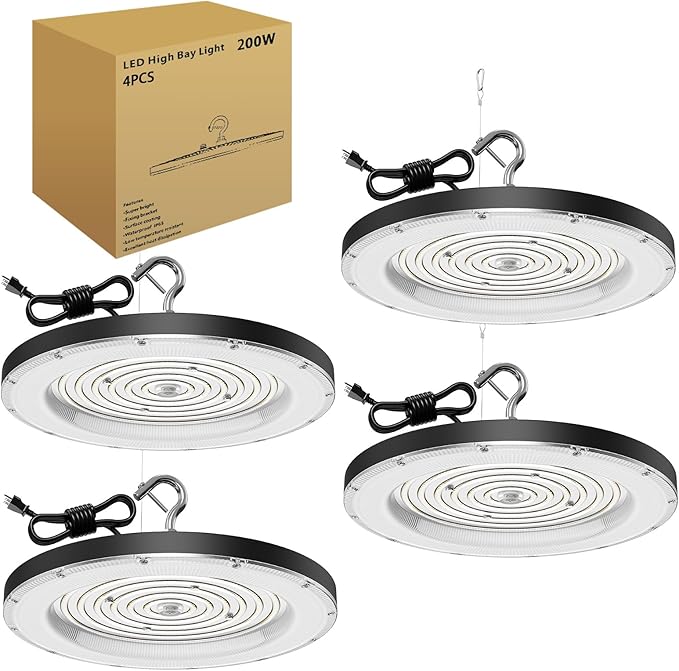 Zelvia 4 Pack LED High Bay Lights,200W 5000K AC110V-130V with US Plug - 20000 LM Commercial Bay Lighting for Barn Warehouse Garage