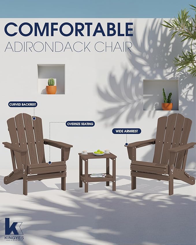 KINGYES Folding Adirondack Chair Set of 4, HDPE All-Weather Folding Adirondack Chair, Brown