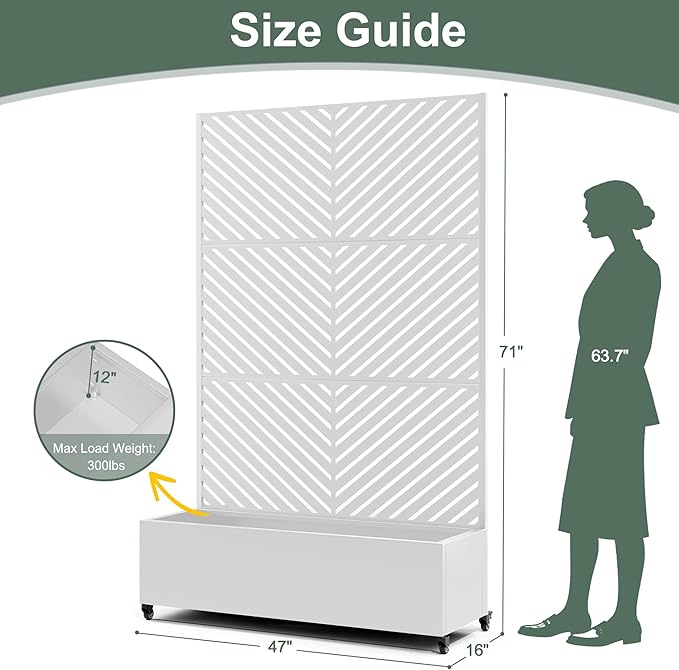 Large Metal Raised Garden Beds with Privacy Screen, Standing Planter Box with Trellis & Wheels for Outdoor Climbing Plants, Garden Boxes with Drainage Holes for Patio (47"L, White Parallel)