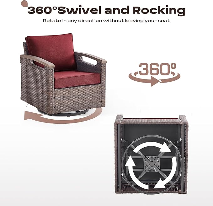 Rilyson Wicker Outdoor Patio Furniture Set - 5 Piece Patio Conversation Sets with Swivel Rocker Chairs, Ottomans and Side Table, Thick Cushions, Waterproof Wicker, for Porch Deck Brown/Red