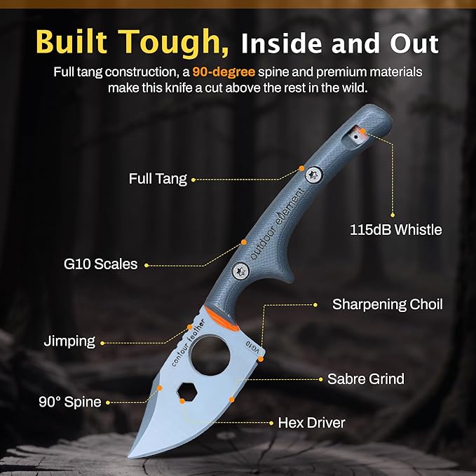 OUTDOOR ELEMENT Contour Feather Survival Knife + Natural Fire Starter Kit – VG10 Steel Fixed Blade with Ferro Rod, Hex Driver, Whistle & Waterproof Tinder Tin – Ultimate Camping & Survival Gear Set
