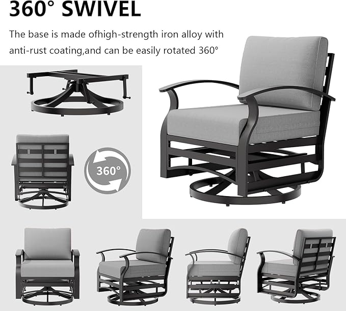 Outdoor Patio Furniture Set, 3 Piece Aluminum Metal Chairs Swivel Rocker, Overstuffed Washable Cushions Bistro Set for Porch, Balcony, Deck, Garden Grey