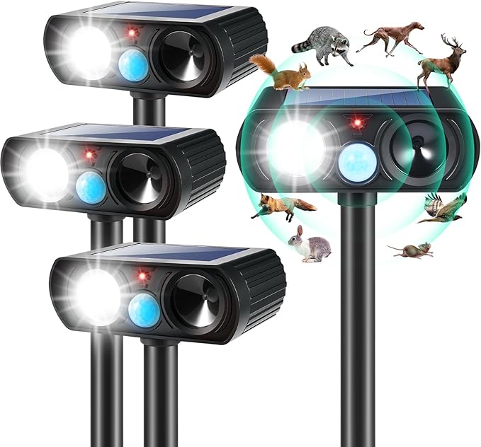 4Pack Ultrasonic Animal Repellent Outdoor Solar Animal Repeller witht Motion Sensor&LED Strober Ligh 2025 Cat Deterrent Outdoor Deer Repellent Device to Scare Fox Dog Skunk Rabbit Raccoon Squirrel