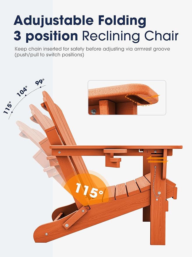KINGYES Adjustable Folding Adirondack Chair, 3-Position Reclining Adirondack Chairs with Cup Holder, HDPE All-Weather Oversized Adirondack for Outdoor, Patio, Backyard Deck, Fire Pit, Orange
