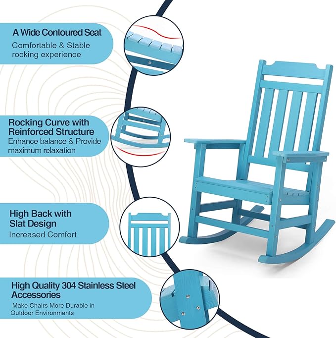 Rocking Chairs Set of 2, All Weather Resistant Poly Lumber Outdoor Porch Rocker, Rocking Chairs for Outdoor, Indoor, Patio, Deck, Garden, Backyard, Load Bearing 380 lbs - Lake Blue