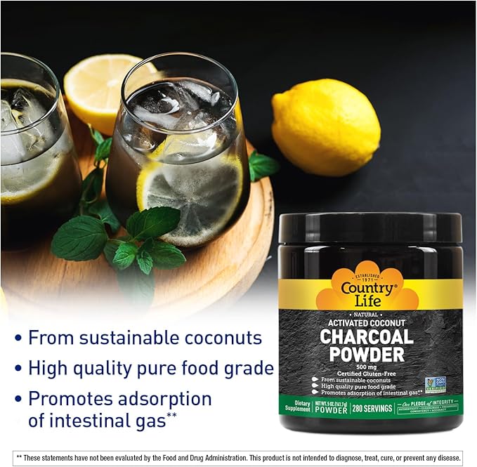 Country Life Activated Coconut Charcoal Powder 500mg – Natural Activated Charcoal for Digestive Health, Gas & Bloating Relief, DIY Uses - Non-GMO, Gluten-Free, Vegan, 5oz Powder