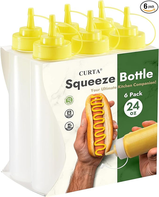 CURTA 6-Pack 24 oz Clear Squeeze Bottle with Cap, BPA-Free Easy-to-Squeeze Plastic Condiment Dispenser with oz & ml Markings for Sauce, Oil, Dressing, Dishwasher Safe, Yellow
