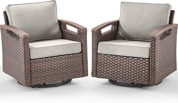 Rilyson Outdoor Patio Swivel Rocking Chairs Set of 2, All Weather Wicker, Metal Armrest, Deep Seating, Thick Comfortable Cushions, Ideal for Deck Porch Backyard, Brown/Beige