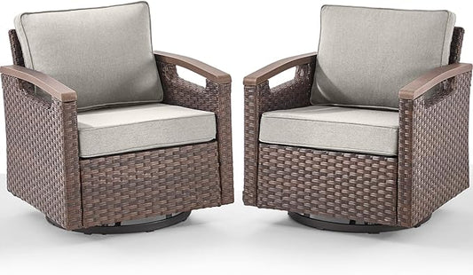 Rilyson Outdoor Patio Swivel Rocking Chairs Set of 2, All Weather Wicker, Metal Armrest, Deep Seating, Thick Comfortable Cushions, Ideal for Deck Porch Backyard, Brown/Beige