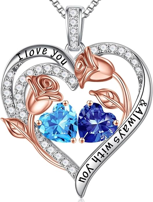Iefil Christmas Gifts for Women Wife - 925 Sterling Silver Rose Heart Birthstone Necklace Birthday Anniversary Jewelry Gifts for Her Wife Mom Daughter