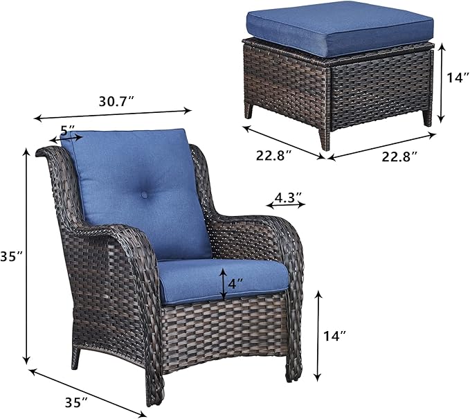 Rilyson Wicker Patio Furniture Set - 4 Piece Rattan Outdoor Sectional Conversation Sets with 2 Chairs and 2 Ottomans for Porch Deck Garden(Brown/Blue)