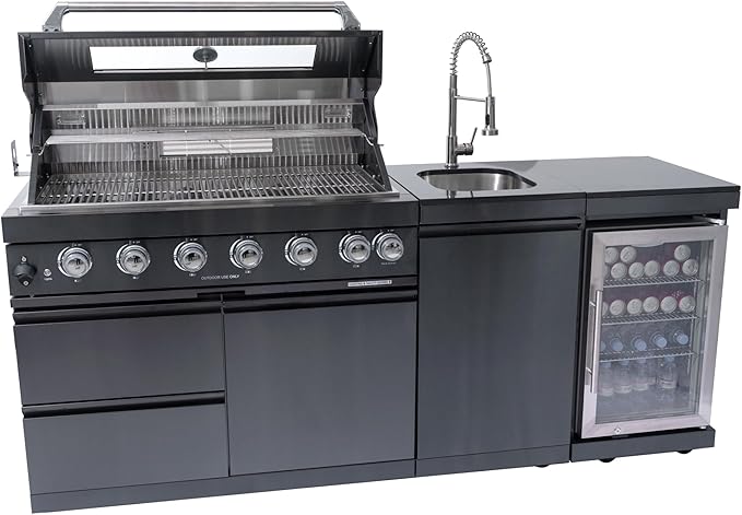 Outdoor Kitchen Island, 82 Inches 6-Burner 85000 BTU Stainless Steel Propane Gas Grill Combination With Refrigerator and Sink, Rotisserie Kit, Granite Countertops(Black Combo)