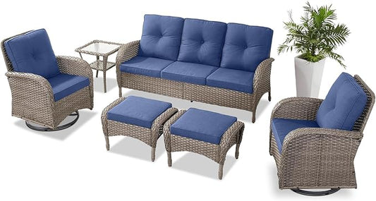 Belord 6 Pieces Wicker Patio Furniture Set - Swivel Rocker Outdoor Chairs with Outdoor Couch and Side Table, All-Weather Patio Conversation Set for Deck Sunroom Backyard