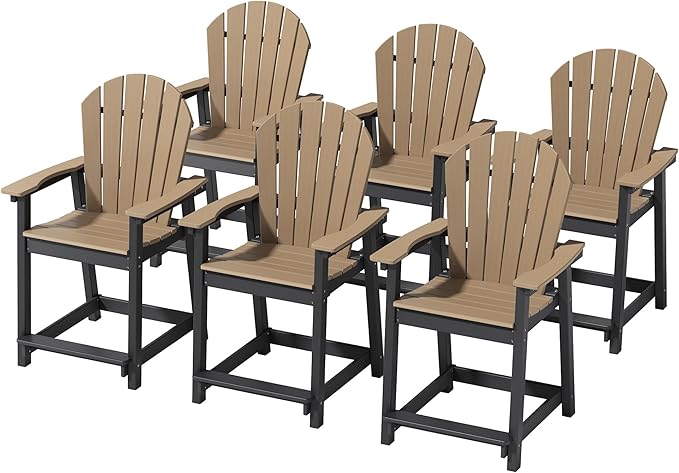 OTSUN Outdoor Tall Adirondack Chairs Set of 6, Patio Bar Stool Chair with High Back, 400lbs, Widened Arms, All-Weather Balcony Chair for Backyard, Garden, Yard - Chocolate & Black