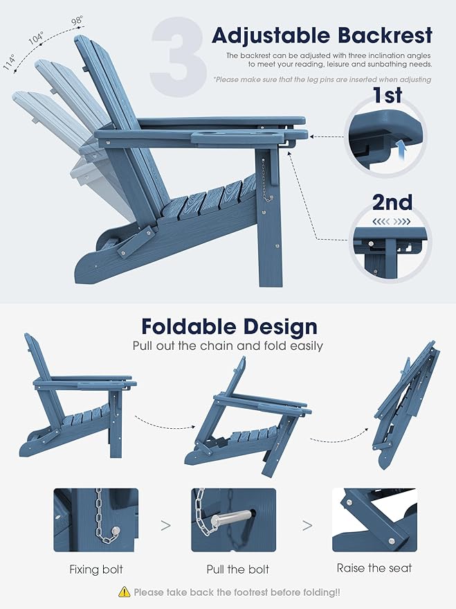 KINGYES Adjustable Folding Adirondack Chair with Footrest & 4-in-1 Multi-Functional Armrest Organizer Set of 4, HDPE Foldable Reclining Adirondack Chair with Pull-Out Ottoman, Blue