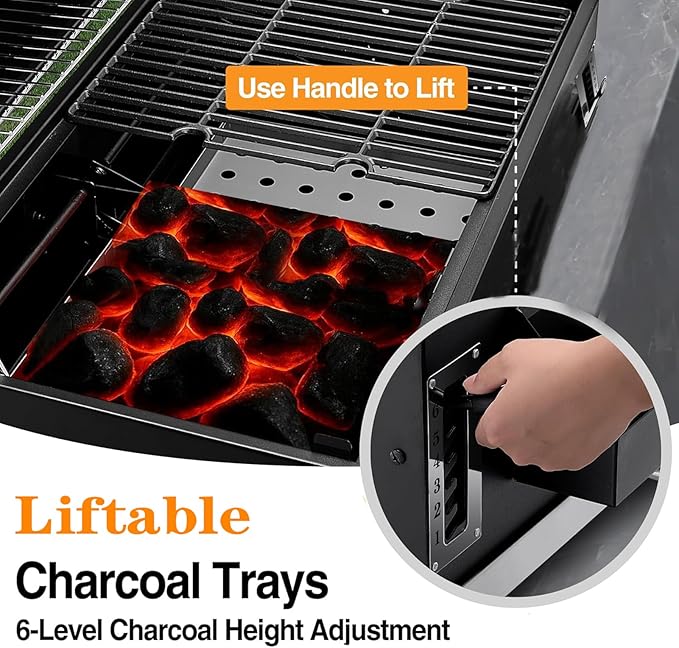 Built-in Barbecue Grills, Large Charcoal BBQ Grills with Liftable Tray, Insulated Hood & Temp Gauge, Black Stainless Steel Charcoal BBQ Barrel Grill for Outdoor Kitchen Camping Park Style