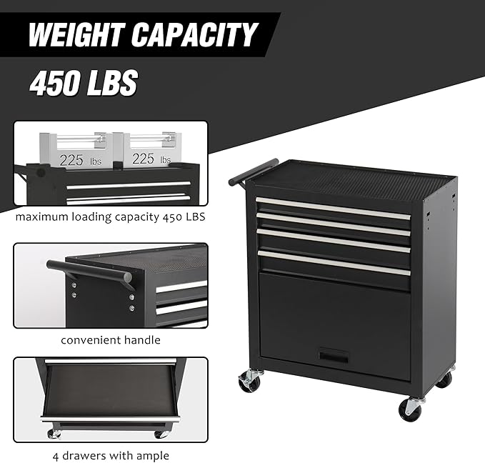 4 Drawers Tool Cart on Wheels, Multifunctional Rolling Storage Tool Chest, Drawers Rolling Toolboxes Organizer Tool Case for Garage,Warehouse,Workshop,Repair Shop (4 Drawers 1 Cabinet - Black)