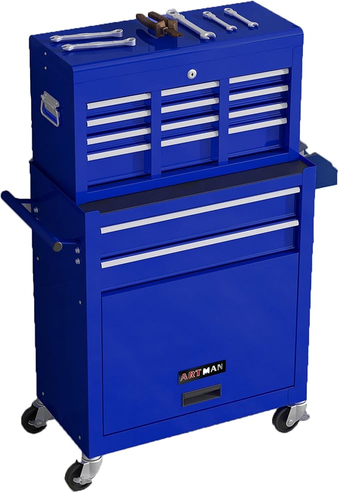 8 Drawers Rolling Tool Box Organizer,High Capacity Tool Chest with Wheels,Lockable Rolling Tool Chest with Bottom Cabinet, Tool Box Rolling Workshop Storage Cabinet (8 Drawers(Blue))
