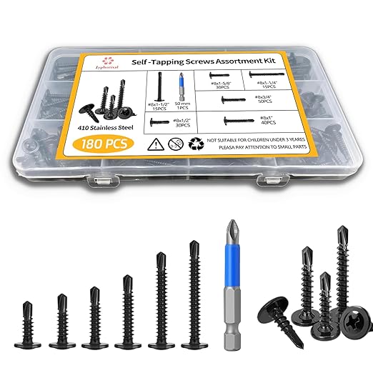 180 PCS #8 Self-Tapping Screws Assortment Kit with Driver,410 Stainless Steel Black Galvanized Pan Head Self Drilling Screws in 6 Sizes(1/2", 5/8", 3/4", 1", 1-1/4", 1-1/2")