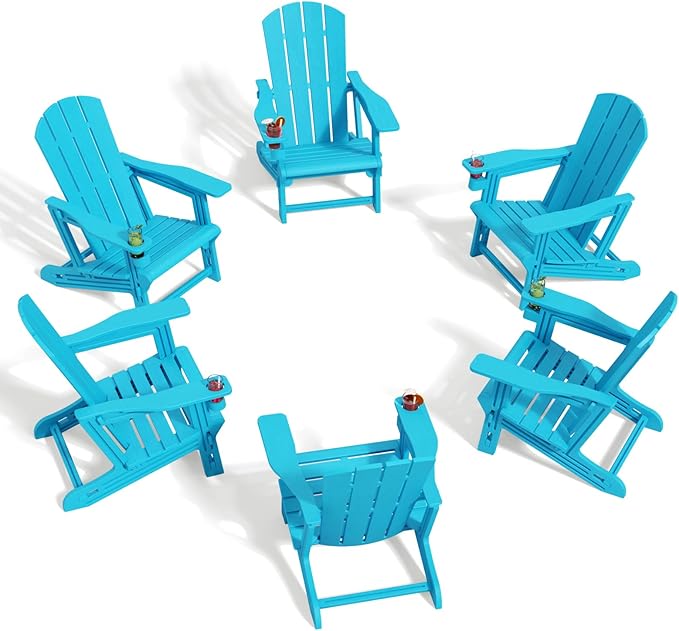 Adirondack Chair Set of 6, All Weather Plastic Adirondack Chairs, Fire Pit Chairs with Cup Holder, Outdoor Lawn Chair for Patio, Garden, Backyard, Sky Blue